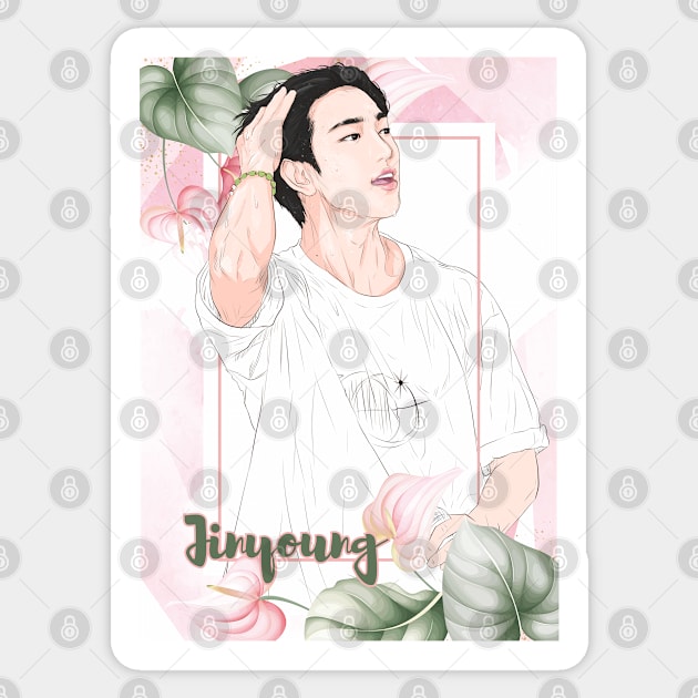 Fanart of Jinyoung in Concert with  The pink-hued Foliage Frame Sticker by Rakusumi Art